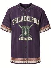 Load image into Gallery viewer, Philadelphia Heritage Baseball Jersey in Plum, front view – deep plum pinstripe body with cream wordmark and brick-band trim, arched PHILADELPHIA wordmark, bell-in-brick-archway emblem with crossed bats and a 1776 ribbon – custom name and number