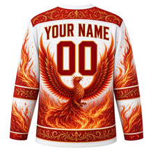 Load image into Gallery viewer, Phoenix Rising Original Hockey Jersey in Ash White, back view with your name and number – feather scrollwork yoke and flame-feather sleeve stripes