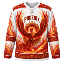 Load image into Gallery viewer, Phoenix Rising Original Hockey Jersey in Ash White, front view – majestic phoenix rising from flames with sunburst crest, custom name and number