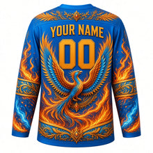 Load image into Gallery viewer, Phoenix Rising Original Hockey Jersey in Azure Flame, back view with your name and number – feather scrollwork yoke and flame-feather sleeve stripes