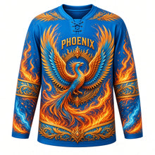 Load image into Gallery viewer, Phoenix Rising Original Hockey Jersey in Azure Flame, front view – majestic phoenix rising from flames with sunburst crest, custom name and number