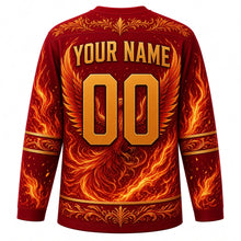 Load image into Gallery viewer, Phoenix Rising Original Hockey Jersey in Crimson Flame, back view with your name and number – feather scrollwork yoke and flame-feather sleeve stripes