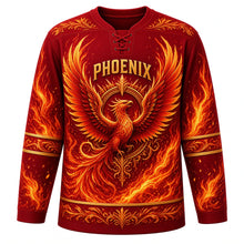 Load image into Gallery viewer, Phoenix Rising Original Hockey Jersey in Crimson Flame, front view – majestic phoenix rising from flames with sunburst crest, custom name and number