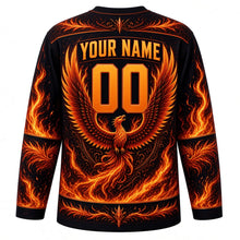 Load image into Gallery viewer, Phoenix Rising Original Hockey Jersey in Obsidian Black, back view with your name and number – feather scrollwork yoke and flame-feather sleeve stripes