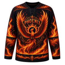Load image into Gallery viewer, Phoenix Rising Original Hockey Jersey in Obsidian Black, front view – majestic phoenix rising from flames with sunburst crest, custom name and number