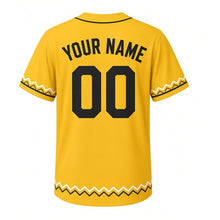 Load image into Gallery viewer, Pierogi Party Milwaukee Baseball Jersey in Butter Onion Yellow, back view with your name and number – custom block name and number with folk zigzag sleeves