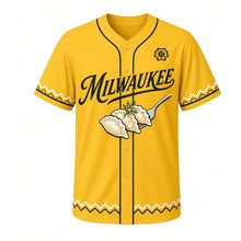 Load image into Gallery viewer, Pierogi Party Milwaukee Baseball Jersey in Butter Onion Yellow, front view – pierogi and dill graphic with folk-flower crest, custom name and number