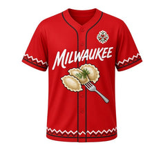 Load image into Gallery viewer, Pierogi Party Milwaukee Baseball Jersey in Polish Red, front view – pierogi and dill graphic with folk-flower crest, custom name and number