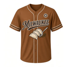 Load image into Gallery viewer, Pierogi Party Milwaukee Baseball Jersey in Rye Bread Brown, front view – pierogi and dill graphic with folk-flower crest, custom name and number