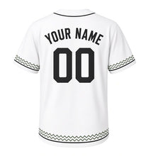 Load image into Gallery viewer, Pierogi Party Milwaukee Baseball Jersey in Flour Dust White, back view with your name and number – custom block name and number with folk zigzag sleeves