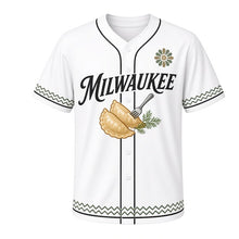 Load image into Gallery viewer, Pierogi Party Milwaukee Baseball Jersey in Flour Dust White, front view – pierogi and dill graphic with folk-flower crest, custom name and number