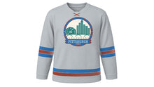 Load image into Gallery viewer, Pittsburgh Original Hockey Jersey in River Fog Grey, front view – custom name and number