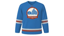 Load image into Gallery viewer, Pittsburgh Original Hockey Jersey in Three Rivers Blue, front view – custom name and number