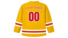 Load image into Gallery viewer, Pohela Boishakh Original Hockey Jersey in Marigold Yellow, back view with your name and number