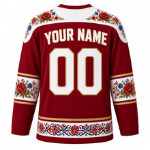 Load image into Gallery viewer, Poland Original Hockey Jersey in Krakow Crimson, back view with your name and number – Zalipie flower yoke and wycinanki cut-paper sleeve bands
