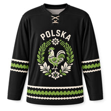 Load image into Gallery viewer, Poland Paper Cut Folk Original Hockey Jersey in Paper Black, front view – custom name and number