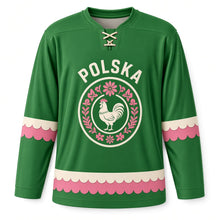 Load image into Gallery viewer, Poland Paper Cut Folk Original Hockey Jersey in Meadow Green, front view – custom name and number