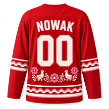 Load image into Gallery viewer, Poland Paper Cut Folk Original Hockey Jersey in Poppy Red, back view with your name and number