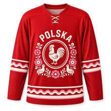 Load image into Gallery viewer, Poland Paper Cut Folk Original Hockey Jersey in Poppy Red, front view – custom name and number