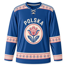Load image into Gallery viewer, Poland Pottery Dots Original Hockey Jersey in Cobalt Blue, front view – custom name and number