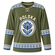 Load image into Gallery viewer, Poland Pottery Dots Original Hockey Jersey in Olive Green, front view – custom name and number