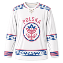 Load image into Gallery viewer, Poland Pottery Dots Original Hockey Jersey in Glaze White, front view – custom name and number