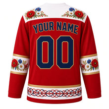 Load image into Gallery viewer, Poland Original Hockey Jersey in Lowicz Red, back view with your name and number – Zalipie flower yoke and wycinanki cut-paper sleeve bands