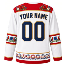 Load image into Gallery viewer, Poland Original Hockey Jersey in Stork White, back view with your name and number – Zalipie flower yoke and wycinanki cut-paper sleeve bands