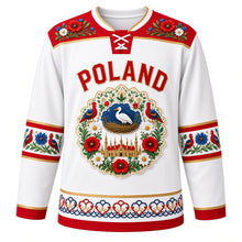 Load image into Gallery viewer, Poland Original Hockey Jersey in Stork White, front view – Zalipie flower yoke and wycinanki paper-cut stork crest with ornate detailed artwork, custom name and number
