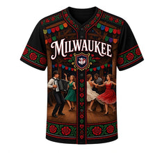 Load image into Gallery viewer, Polka Night Milwaukee Baseball Jersey in Dance Hall Black, front view – polka dancers, accordion and folk-embroidery borders, custom name and number