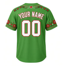 Load image into Gallery viewer, Polka Night Milwaukee Baseball Jersey in Linden Green, back view with your name and number – folk-embroidery flower trim on sleeves