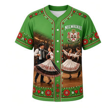 Load image into Gallery viewer, Polka Night Milwaukee Baseball Jersey in Linden Green, front view – polka dancers, accordion and folk-embroidery borders, custom name and number