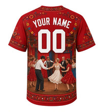 Load image into Gallery viewer, Polka Night Milwaukee Baseball Jersey in Folk Red, back view with your name and number – folk-embroidery flower trim on sleeves