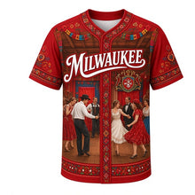 Load image into Gallery viewer, Polka Night Milwaukee Baseball Jersey in Folk Red, front view – polka dancers, accordion and folk-embroidery borders, custom name and number