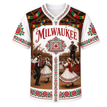 Load image into Gallery viewer, Polka Night Milwaukee Baseball Jersey in Lace White, front view – polka dancers, accordion and folk-embroidery borders, custom name and number