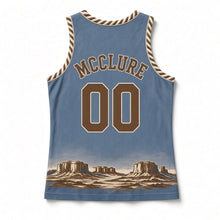 Load image into Gallery viewer, Pony Express Trail Original Basketball Jersey in Dusty Blue, back view with your name and number