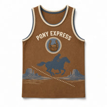 Load image into Gallery viewer, Pony Express Trail Original Basketball Jersey in Saddle Brown, front view – custom name and number
