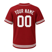 Load image into Gallery viewer, Porch Swing Milwaukee Baseball Jersey in Bungalow Brick, back view with your name and number – custom block name and number with picket-stripe sleeves