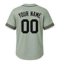 Load image into Gallery viewer, Porch Swing Milwaukee Baseball Jersey in Porch Sage, back view with your name and number – custom block name and number with picket-stripe sleeves