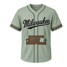 Load image into Gallery viewer, Porch Swing Milwaukee Baseball Jersey in Porch Sage, front view – wooden slatted porch swing on chains graphic, custom name and number