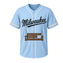 Load image into Gallery viewer, Porch Swing Milwaukee Baseball Jersey in Summer Evening Blue, front view – wooden slatted porch swing on chains graphic, custom name and number