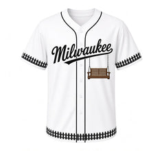 Load image into Gallery viewer, Porch Swing Milwaukee Baseball Jersey in Front Porch White, front view – wooden slatted porch swing on chains graphic, custom name and number