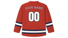 Load image into Gallery viewer, Port Louis Original Hockey Jersey in Flame Tree Red, back view with your name and number