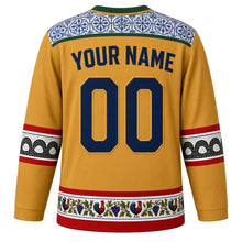 Load image into Gallery viewer, Portugal Original Hockey Jersey in Algarve Gold, back view with your name and number – azulejo tile yoke and calcada wave sleeve bands