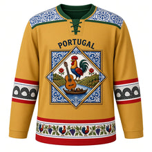 Load image into Gallery viewer, Portugal Original Hockey Jersey in Algarve Gold, front view – azulejo tile yoke and Barcelos rooster tile-panel crest with ornate detailed artwork, custom name and number