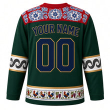Load image into Gallery viewer, Portugal Original Hockey Jersey in Navigator Green, back view with your name and number – azulejo tile yoke and calcada wave sleeve bands