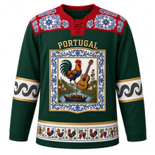 Load image into Gallery viewer, Portugal Original Hockey Jersey in Navigator Green, front view – azulejo tile yoke and Barcelos rooster tile-panel crest with ornate detailed artwork, custom name and number