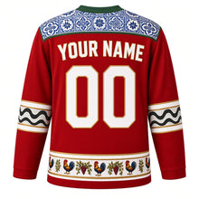 Load image into Gallery viewer, Portugal Original Hockey Jersey in Porto Red, back view with your name and number – azulejo tile yoke and calcada wave sleeve bands
