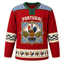 Load image into Gallery viewer, Portugal Original Hockey Jersey in Porto Red, front view – azulejo tile yoke and Barcelos rooster tile-panel crest with ornate detailed artwork, custom name and number