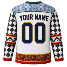 Load image into Gallery viewer, Portugal Original Hockey Jersey in Calcada White, back view with your name and number – azulejo tile yoke and calcada wave sleeve bands